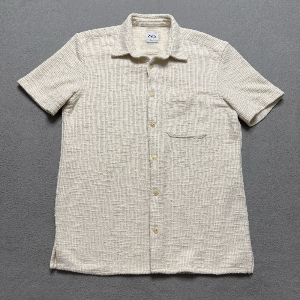 Zara Shirt Mens Medium Cream Textured Button Up Neutral Classic Resort Beach